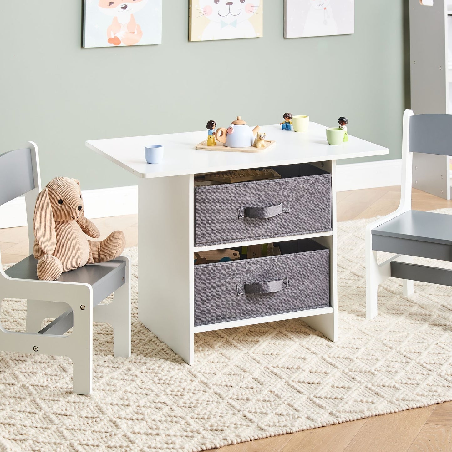 BrightNest Kids 2 Seater Table Set With Chairs White and Grey MDF