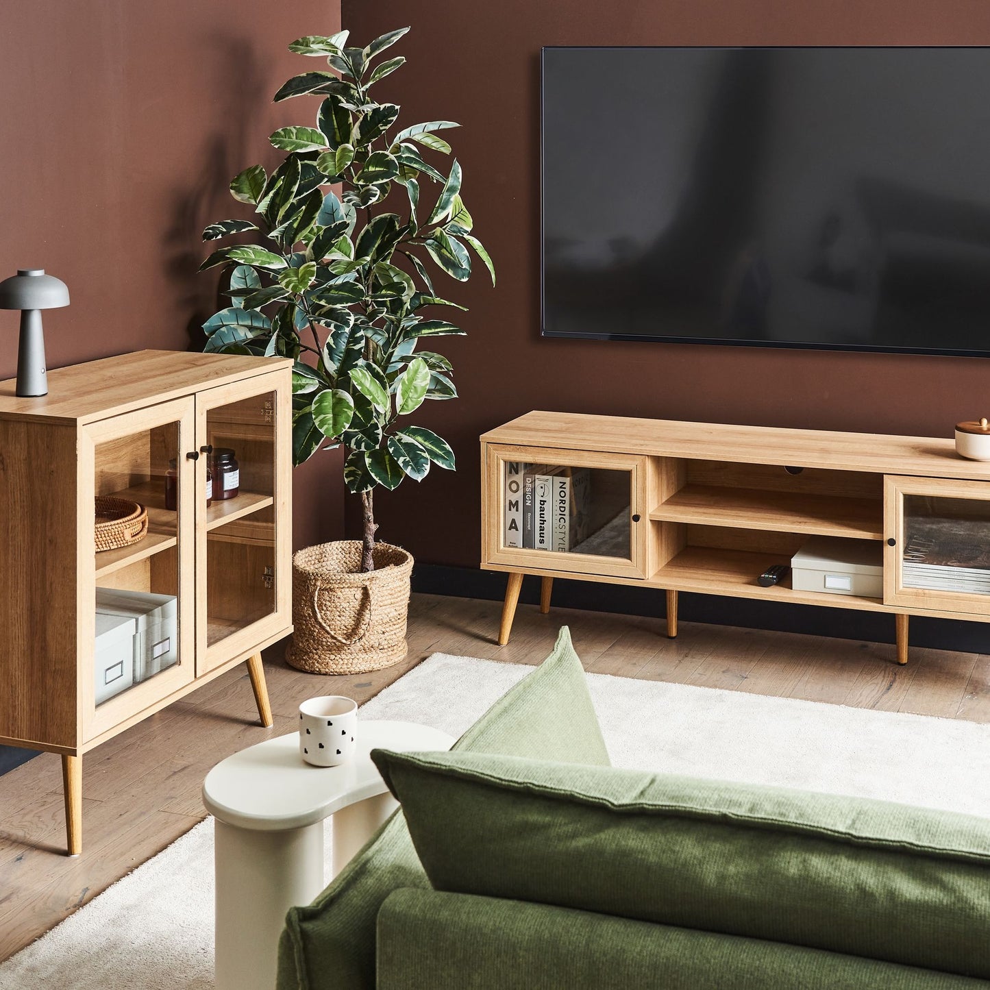 Light Brown Particle Board TV Stand With Glass Doors Minimalist Style Pine Wood Legs