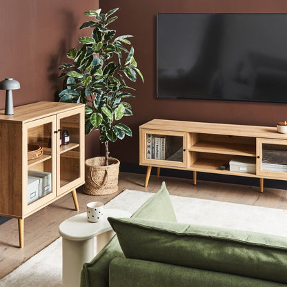 Light Brown Particle Board TV Stand With Glass Doors Minimalist Style Pine Wood Legs