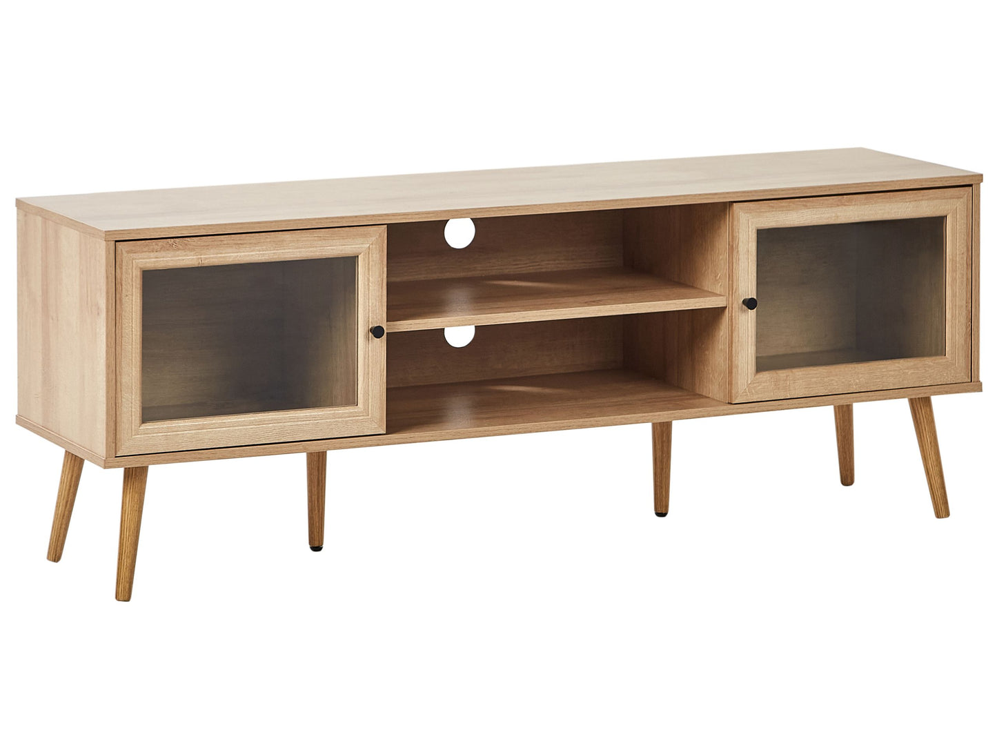 Light Brown Particle Board TV Stand With Glass Doors Minimalist Style Pine Wood Legs