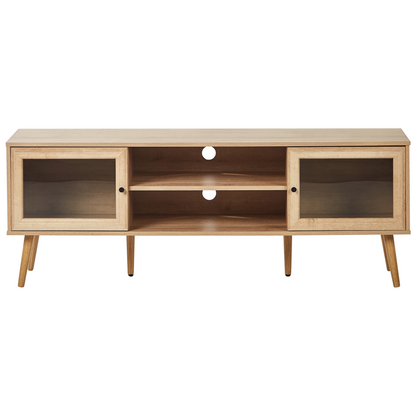 Light Brown Particle Board TV Stand With Glass Doors Minimalist Style Pine Wood Legs
