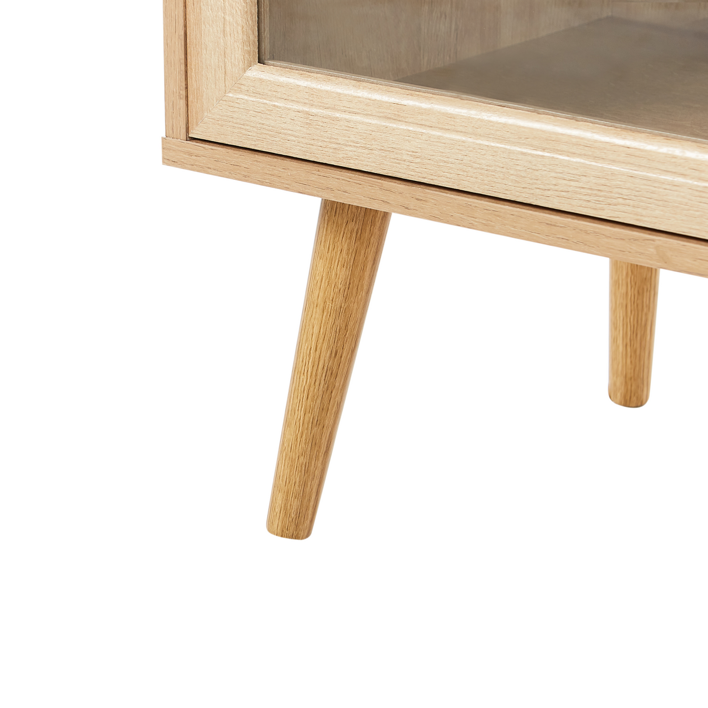 Light Brown Particle Board TV Stand With Glass Doors Minimalist Style Pine Wood Legs