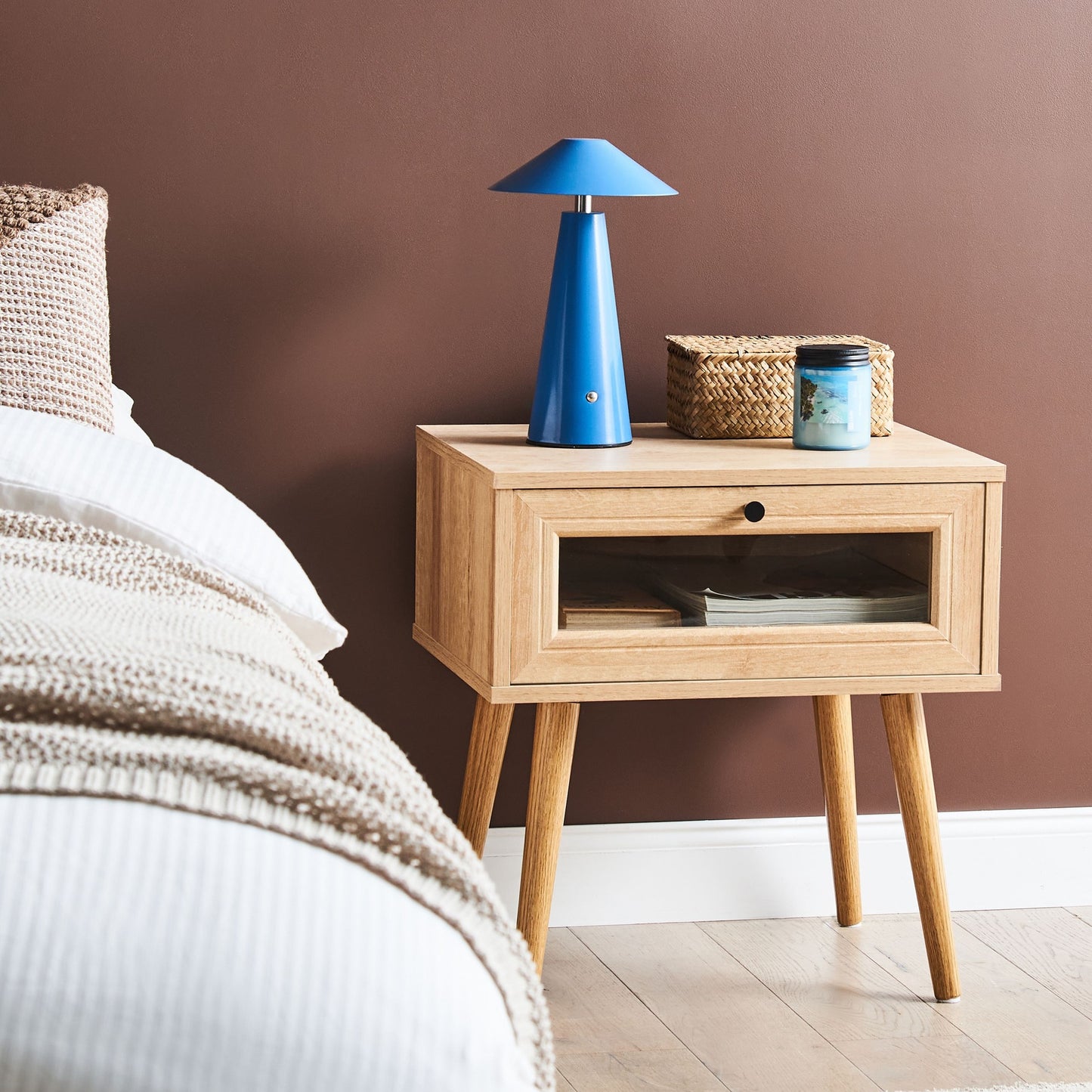 Bedside Table With Tempered Glass Doors And Drawer Walnut