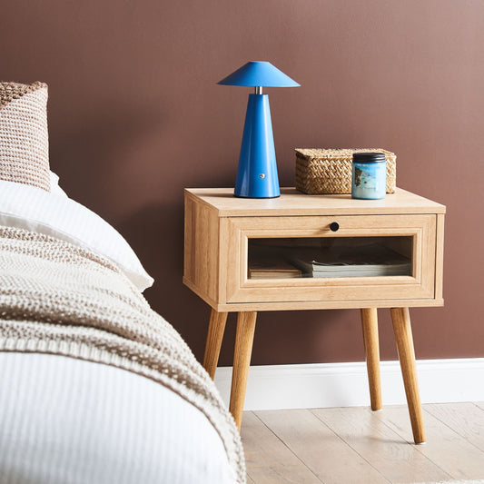 Bedside Table With Tempered Glass Doors And Drawer Walnut