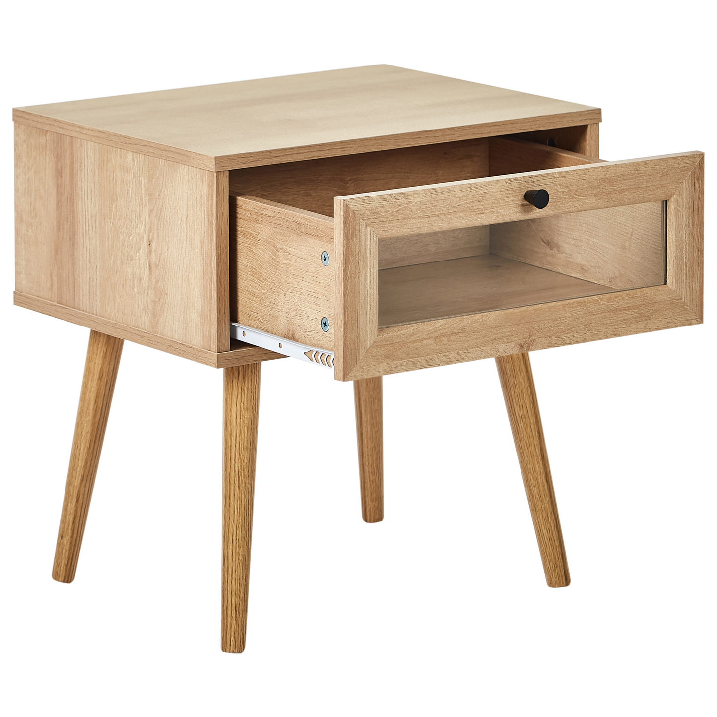 Bedside Table With Tempered Glass Doors And Drawer Walnut