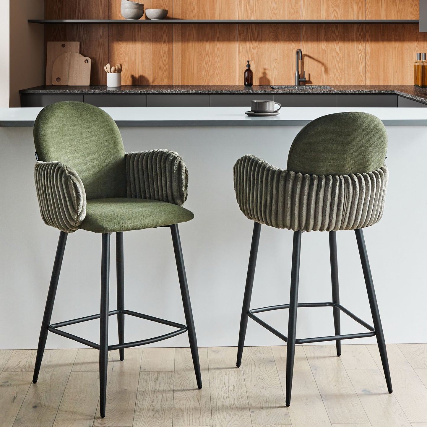 Green Fabric Bar Chairs Set Of 2 With Velvet Armrests And Water Repellent Upholstery Retro Style