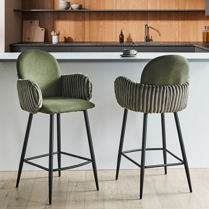 Green Fabric Bar Chairs Set Of 2 With Velvet Armrests And Water Repellent Upholstery Retro Style