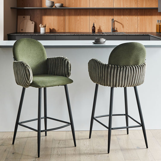 Green Fabric Bar Chairs Set Of 2 With Velvet Armrests And Water Repellent Upholstery Retro Style