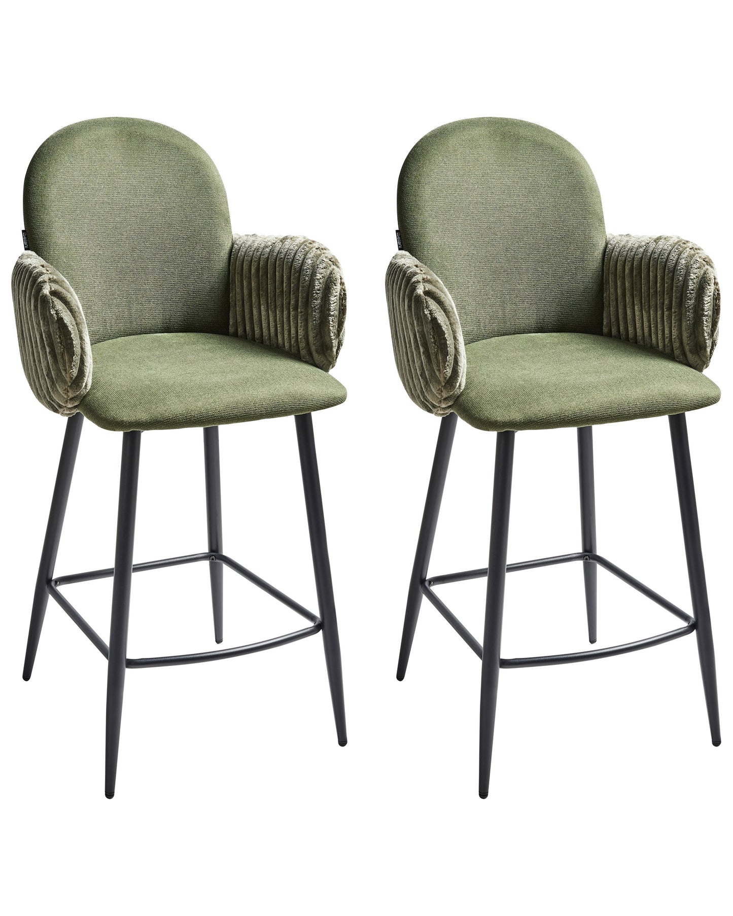 Green Fabric Bar Chairs Set Of 2 With Velvet Armrests And Water Repellent Upholstery Retro Style