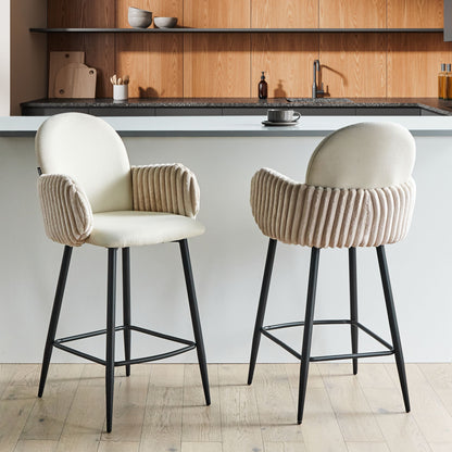 Set Of 2 Retro Bar Chairs Light Beige Fabric Velvet Armrests