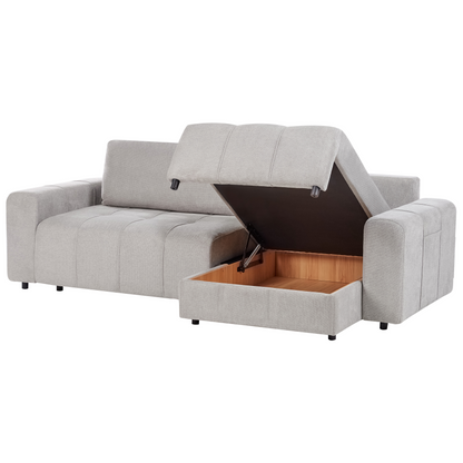 3 Corner Seater Sofa Bed Left Handed Light Grey Fabric With Built In Storage Unit