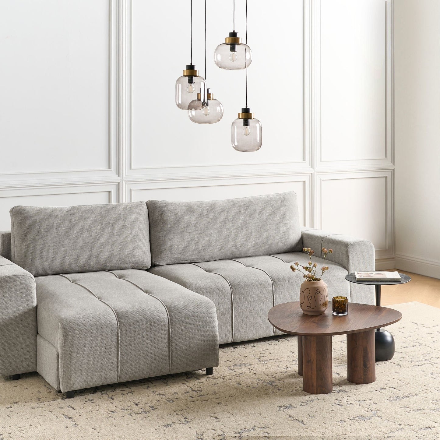 3 Seater Sofa Bed Right Handed Light Grey Fabric Storage