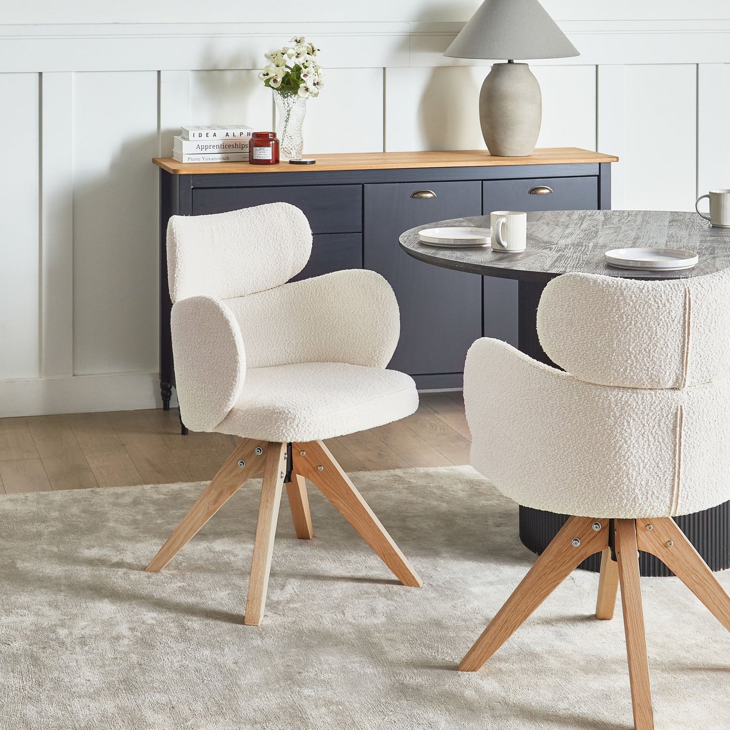 Nordic Home Swivel Dining Chair Light Beige Boucle Curved Backrest