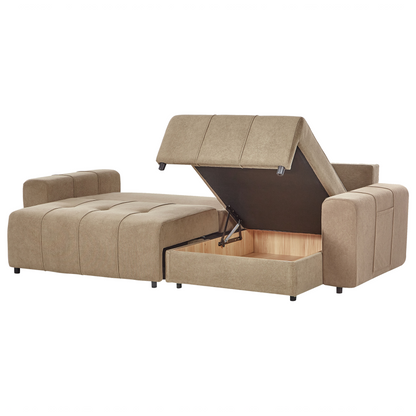 3 Corner Left-Handed Sofa Bed with Brown Fabric Storage