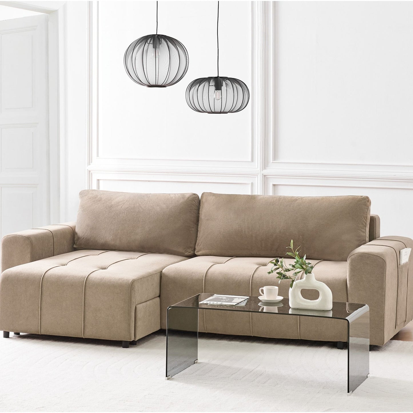 3 Corner Sofa Bed Right Handed Brown Fabric With Storage