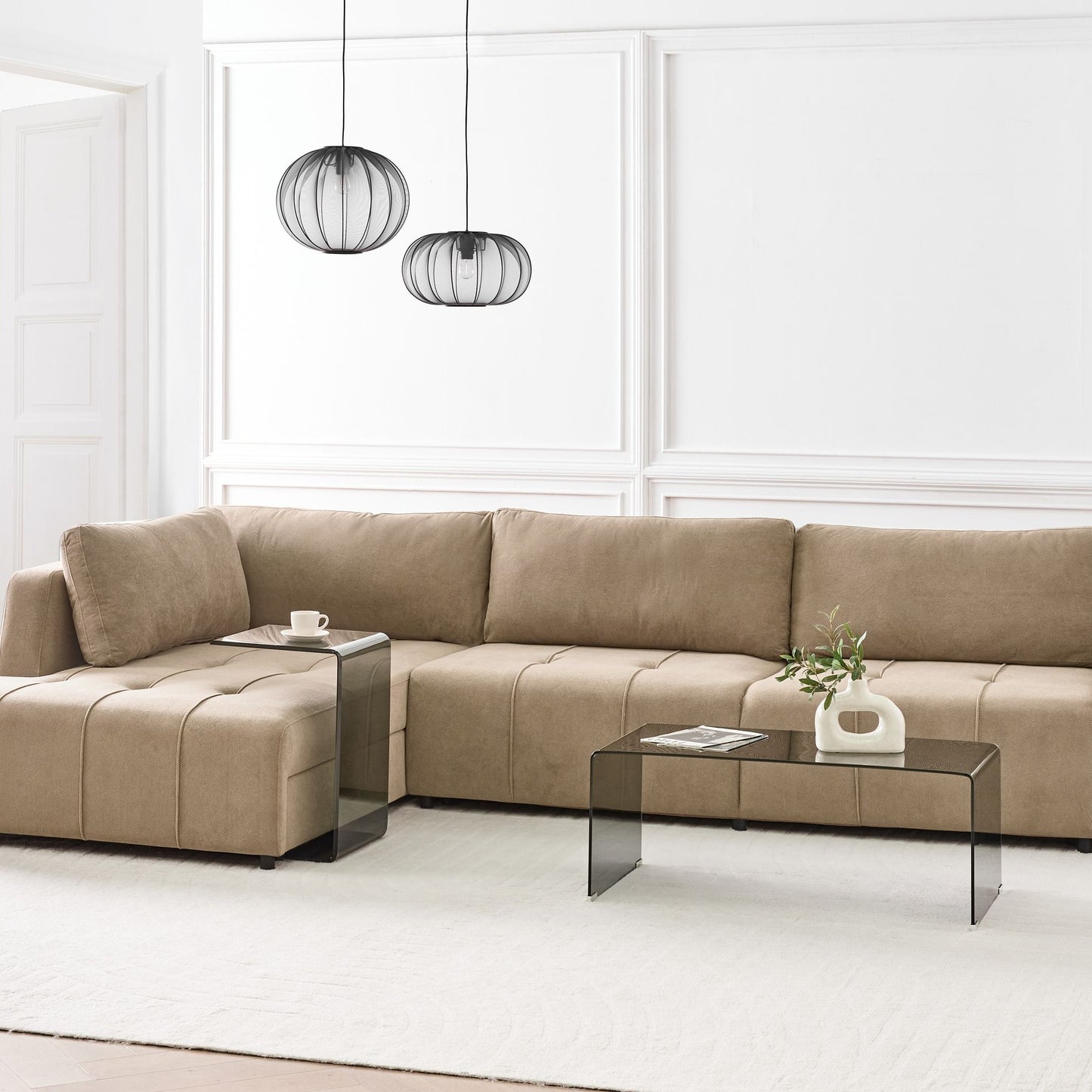 4 Corner Sofa Bed Right Handed Brown Fabric With Storage Thick Padding Modern Living Room