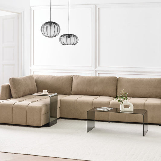 4 Corner Sofa Bed Right Handed Brown Fabric With Storage Thick Padding Modern Living Room