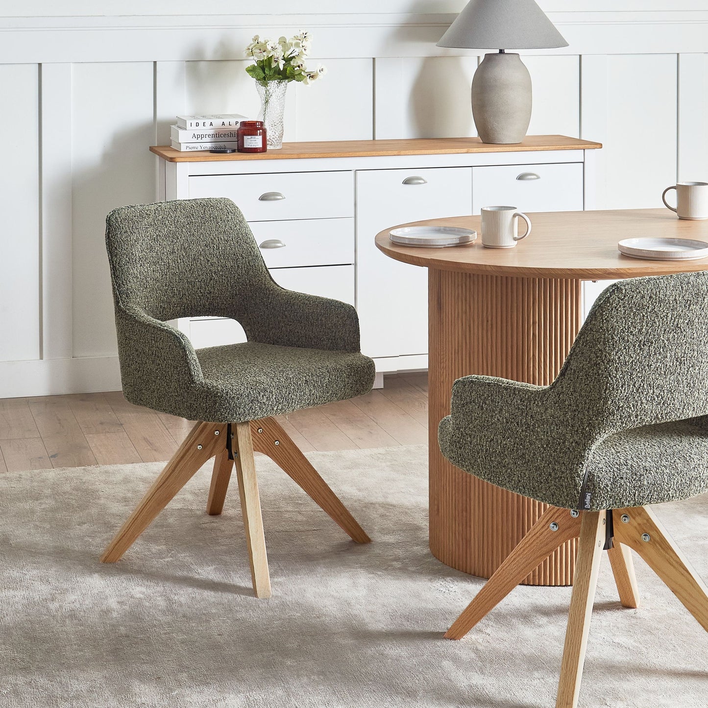 Nordic Nest Swivel Dining Chair Green Boucle Curved Backrest