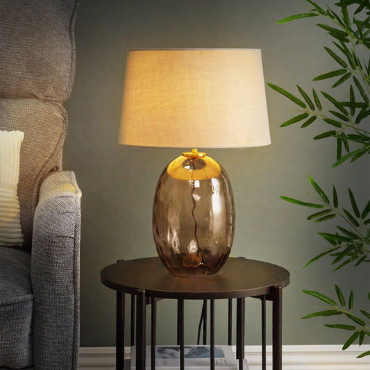 Table Lamp Smoked Glass Base Grey Fabric Shade