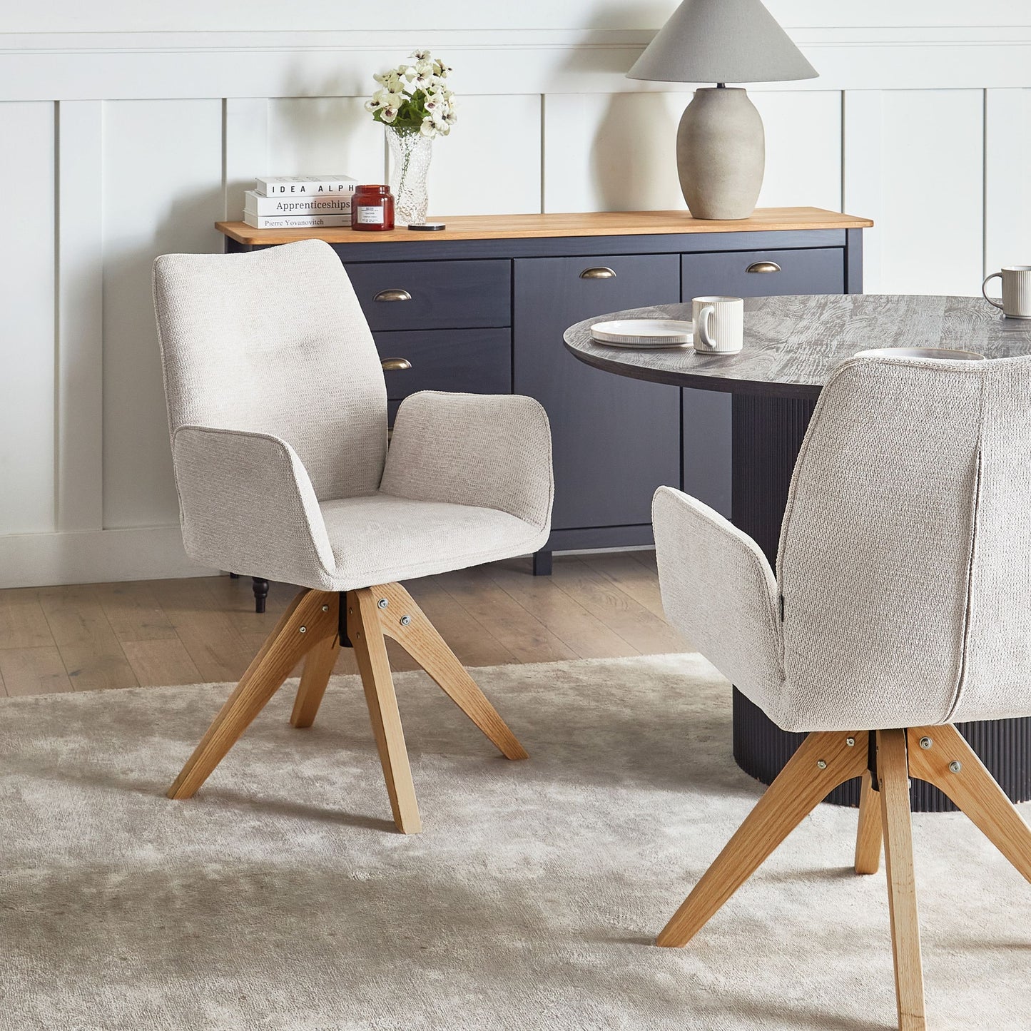 Swivel Dining Chair Light Beige Linen With High Back