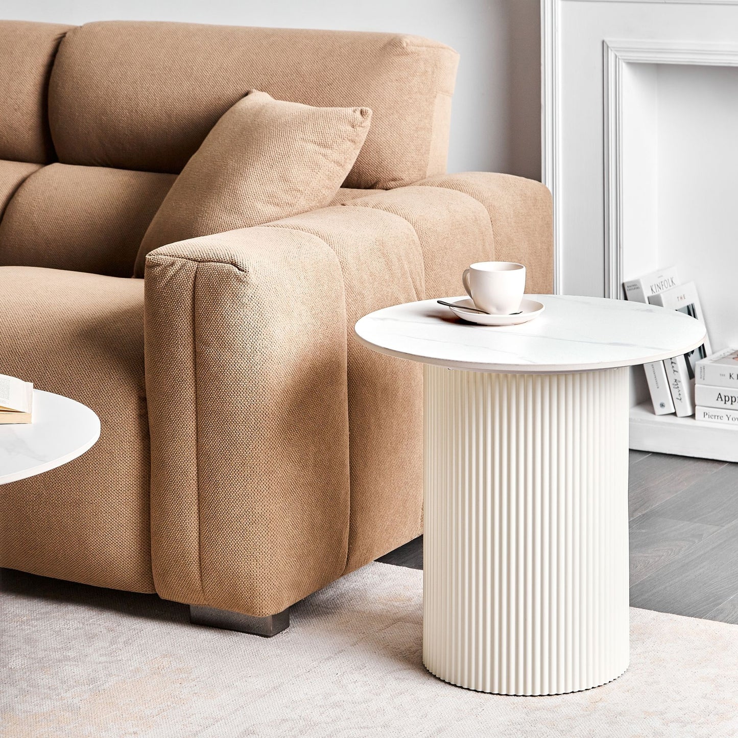 Noble Living Side Table Round 50cm Beige Sintered Stone Top Ribbed Metal Base Modern Living Room
