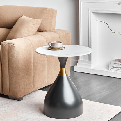 Natural Look Side Table White Stone Top Black Metal Base 50cm Gold