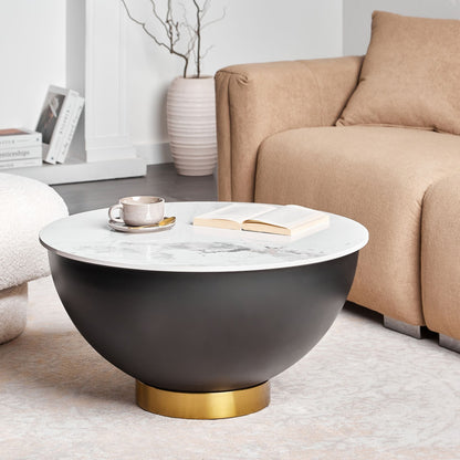 Coffee Table Sintered Stone Black Metal Base Storage 74cm