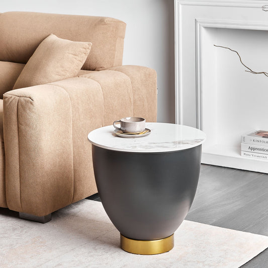 Side Table White Sintered Stone Top Black Metal Base 48cm Diameter with Hidden Storage and Gold Accent