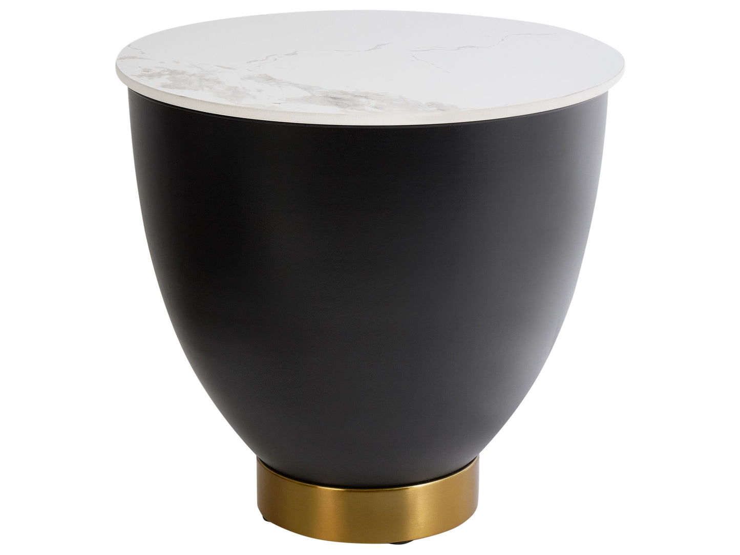 Side Table White Sintered Stone Top Black Metal Base 48cm Diameter with Hidden Storage and Gold Accent