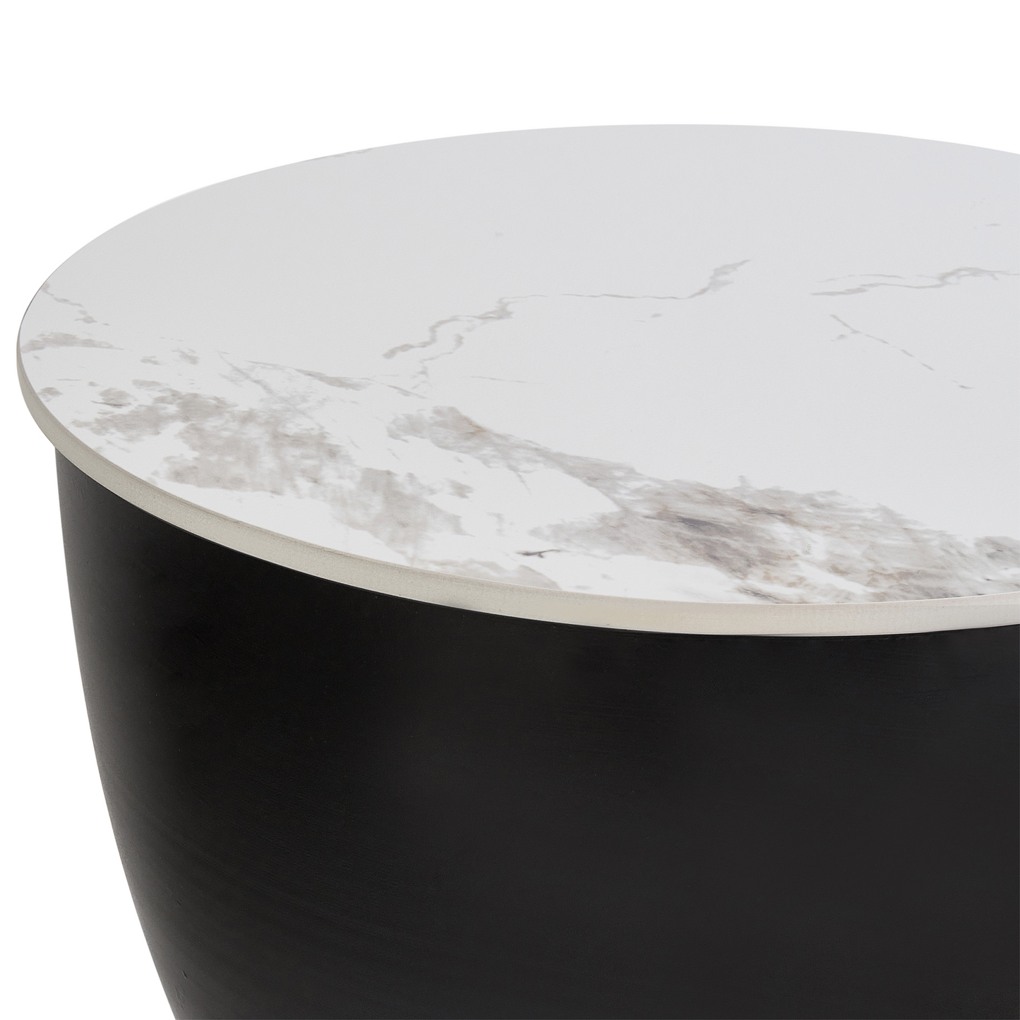 Side Table White Sintered Stone Top Black Metal Base 48cm Diameter with Hidden Storage and Gold Accent
