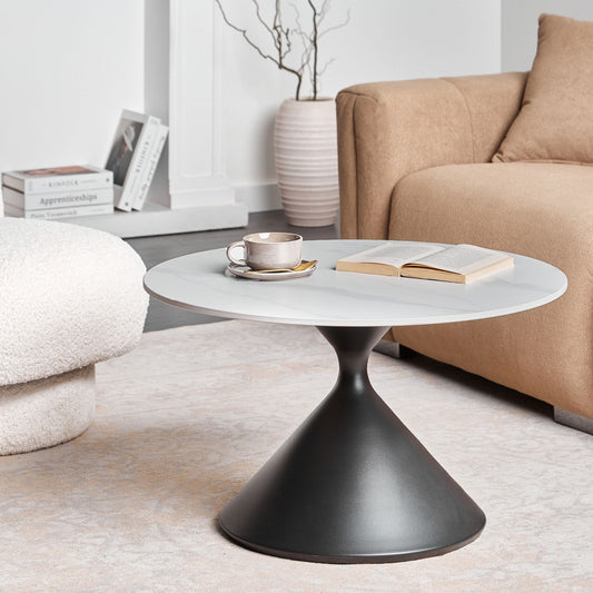 Coffee Table White Sintered Stone Top Black Metal Base 72cm