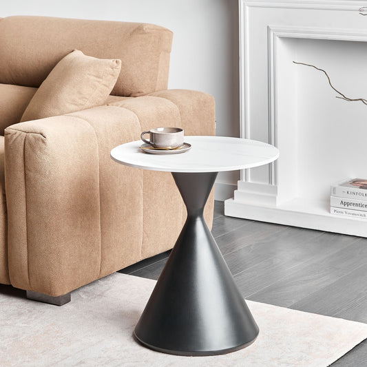 Side Table White Sintered Stone Top Black Metal Base 50cm