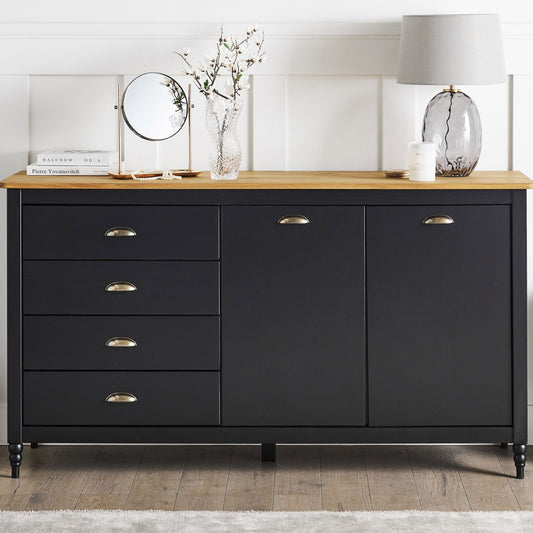 Nordic Luxe Sideboard Black 2 Door 4 Drawer Cabinet With Pine Wood Top Scandinavian Style And Zamak Handles