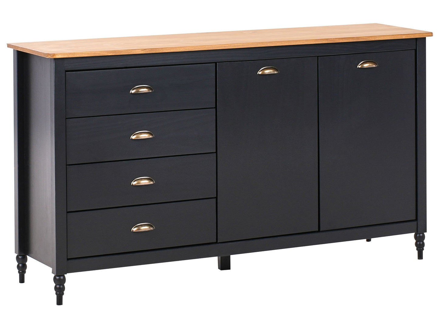 Nordic Luxe Sideboard Black 2 Door 4 Drawer Cabinet With Pine Wood Top Scandinavian Style And Zamak Handles