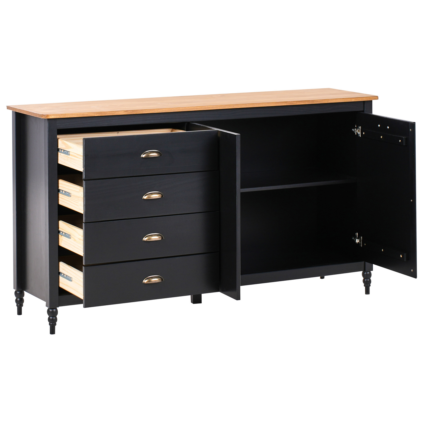 Nordic Luxe Sideboard Black 2 Door 4 Drawer Cabinet With Pine Wood Top Scandinavian Style And Zamak Handles