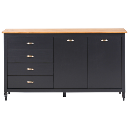 Nordic Luxe Sideboard Black 2 Door 4 Drawer Cabinet With Pine Wood Top Scandinavian Style And Zamak Handles