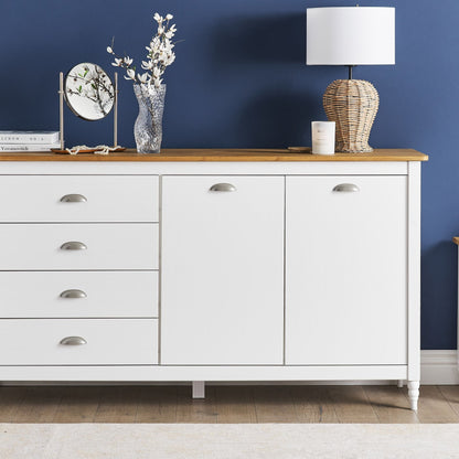 Sideboard White 2 Door 4 Drawer Natural Wood Top