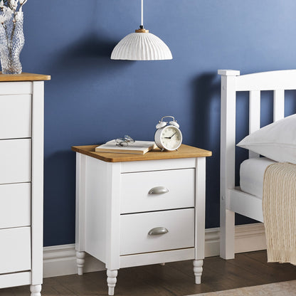 Bedside Table Nightstand White and Light Wood 2 Drawers Retro