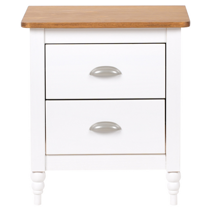 Bedside Table Nightstand White and Light Wood 2 Drawers Retro