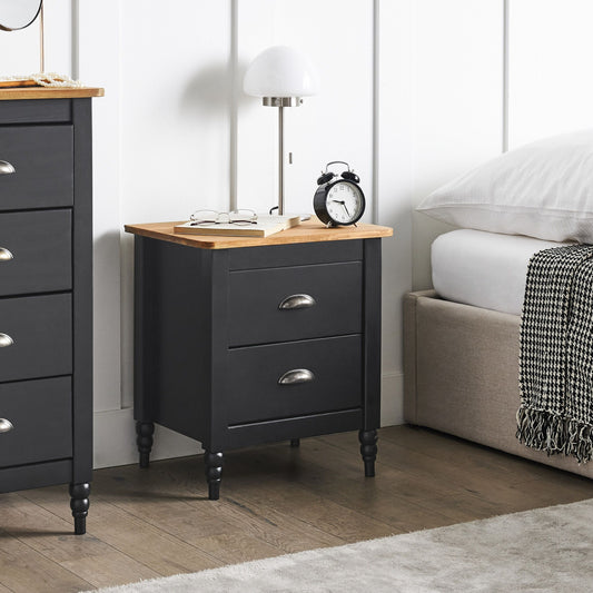 Bedside Table Nightstand With 2 Drawers In Black And Brown Retro Pine Wood Vintage Farmhouse Style