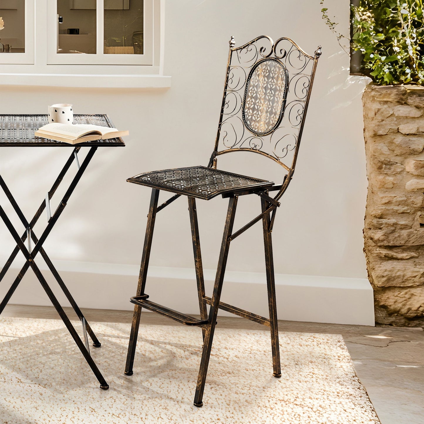 Garden Bar Chairs 2 Pack Black Foldable Distressed Metal