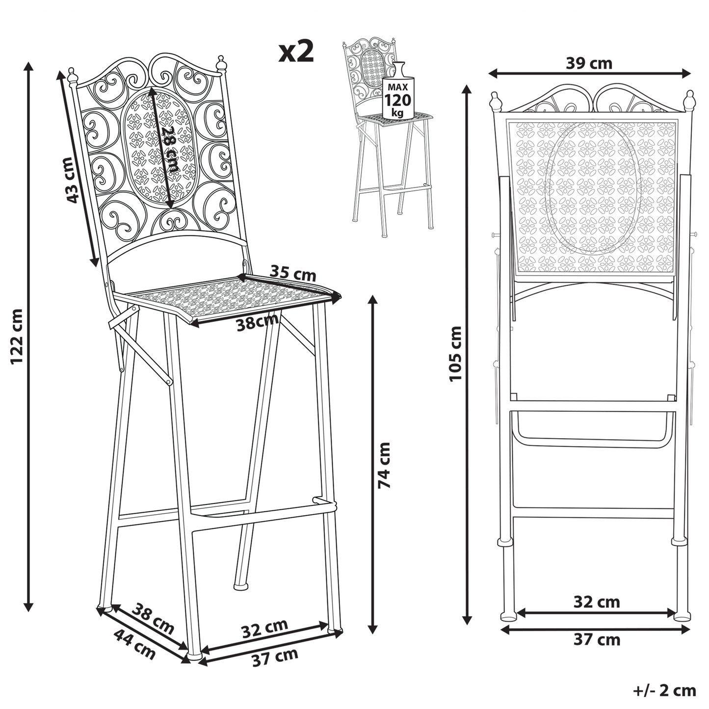 Garden Bar Chairs 2 Pack Black Foldable Distressed Metal