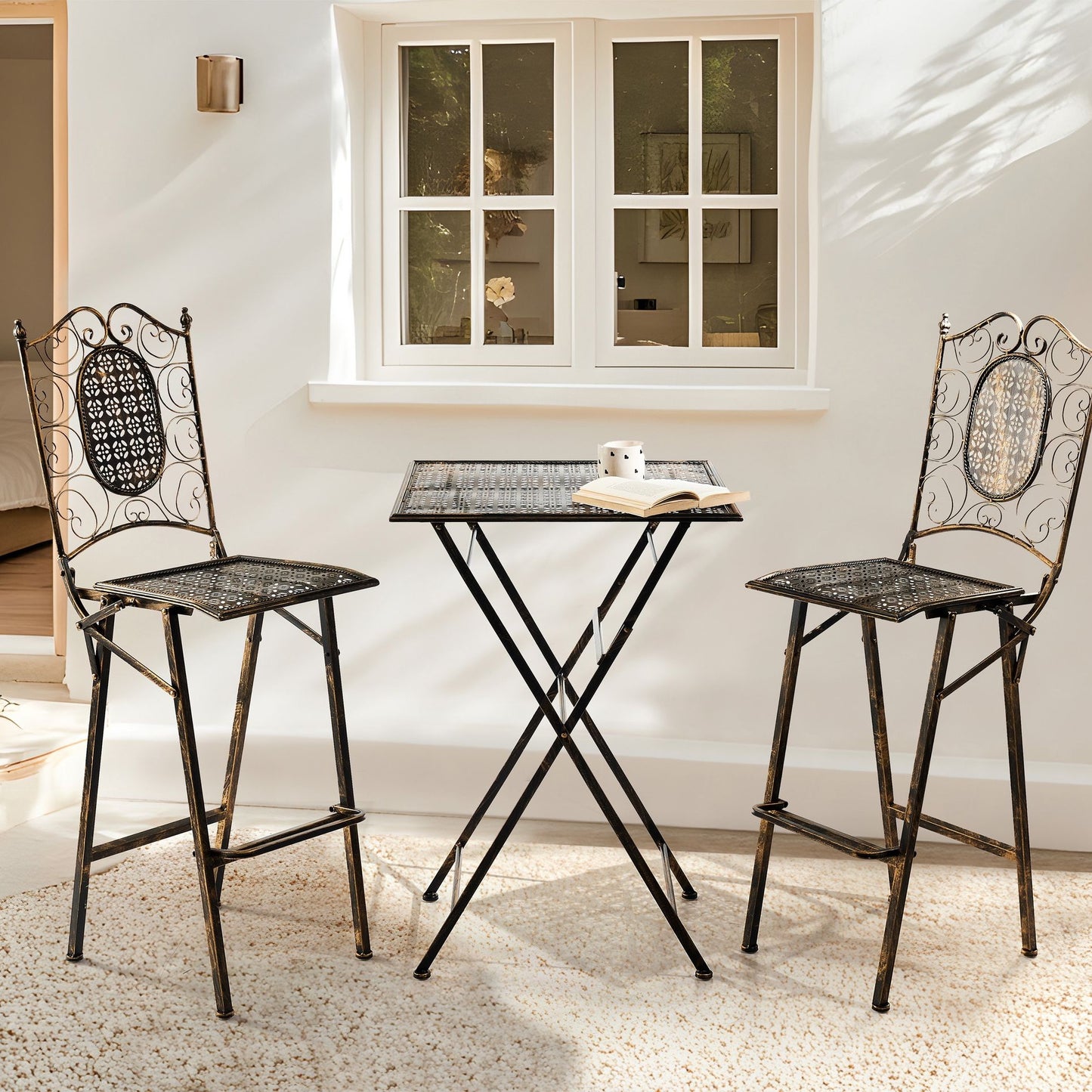 Heritage Iron Garden Bar Set Foldable Black Two Chairs UV Resistant