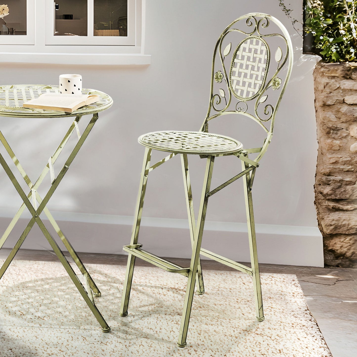 Garden Bard Set of 2 French Retro Style Green Iron Foldable Garden Chairs Distressed Outdoor UV Resistant