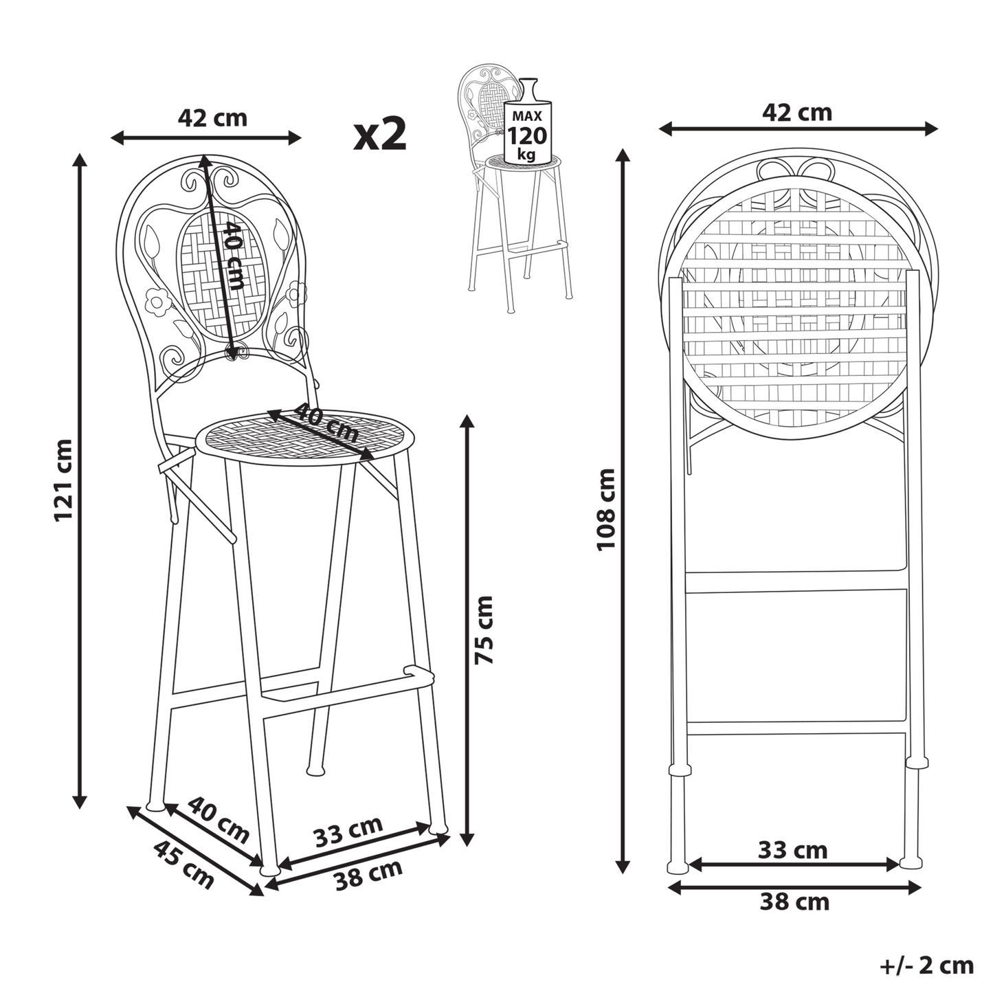 Garden Bard Set of 2 French Retro Style Green Iron Foldable Garden Chairs Distressed Outdoor UV Resistant