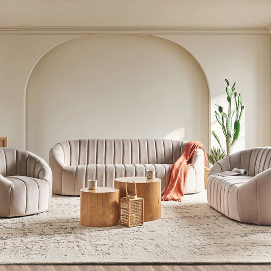 Home Premium 6 Seater Velvet Sofa Set Beige Contemporary Retro Tufted Low Back