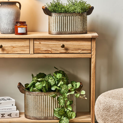 Plant Pots Set Of 2 Grey Distressed Iron With Wooden Handles