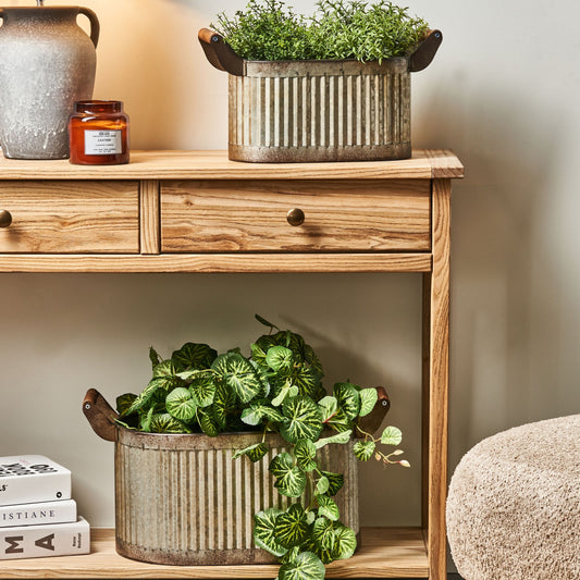 Plant Pots Set Of 2 Grey Distressed Iron With Wooden Handles