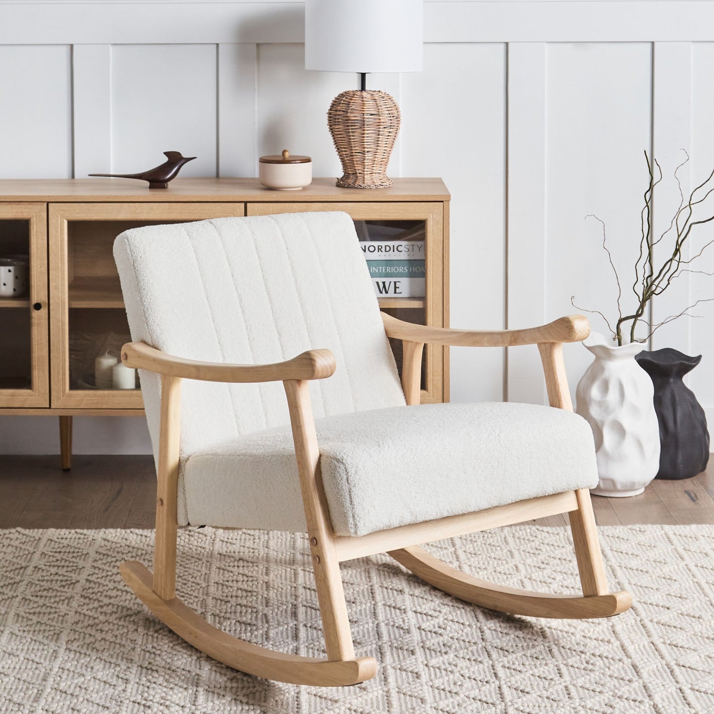 Rocking Armchair Off-White Boucle Rubberwood Legs