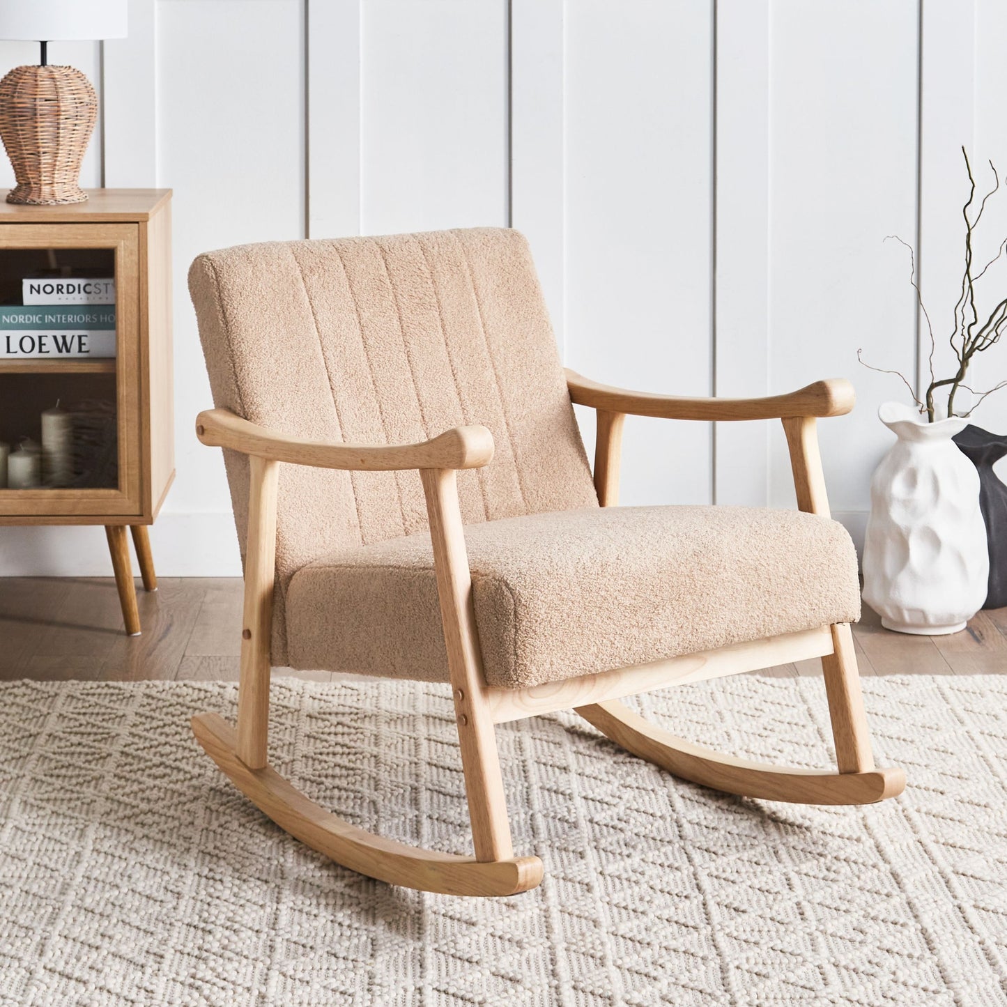 Haven Home Rocking Armchair Beige Boucle Upholstery With Armrests Rubberwood Legs